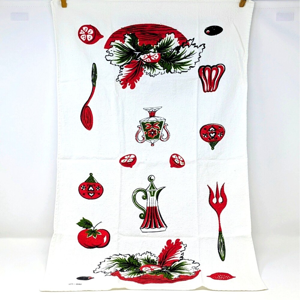 Vtg Salad Kitchen Tea Towel | Red Green Olive Tomato Dressing MCM | HI DRI Brand